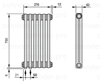 Схема (чертеж) Радиатор Zehnder Charleston 2075/6 №3370 Белый глянцевый RAL 9016